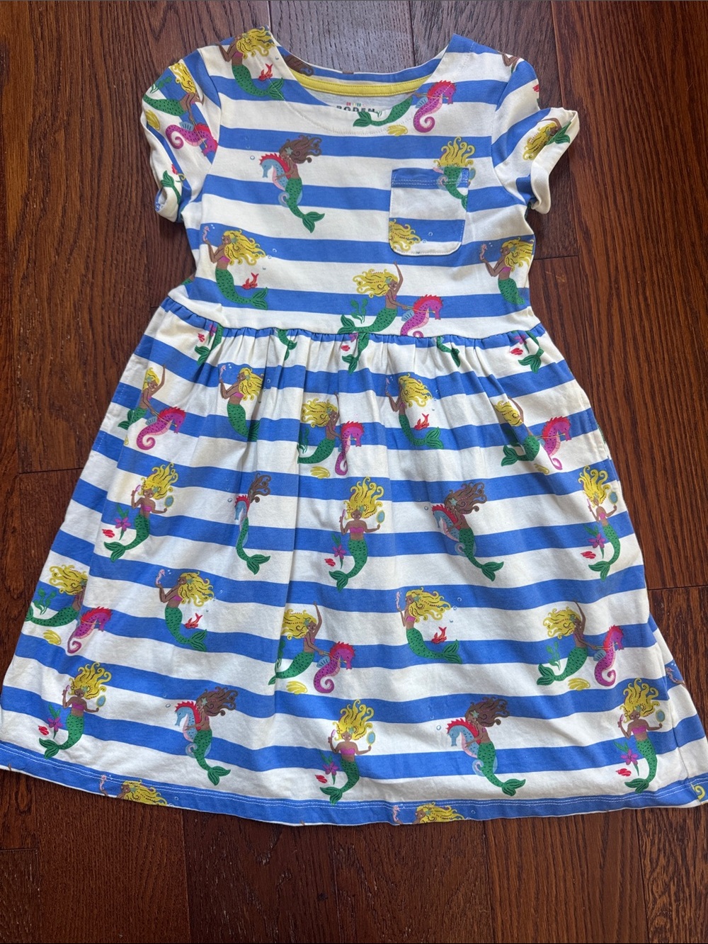 Like New Mini Boden Girls' Blue & White Striped Mermaid Print Dress